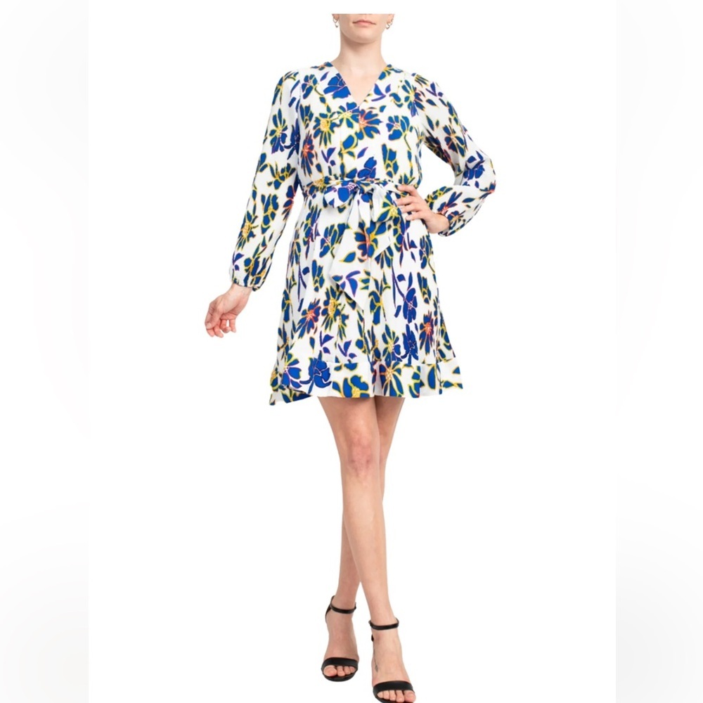 TAYLOR blue/ white floral pleated /belted v neck dress SZ XL